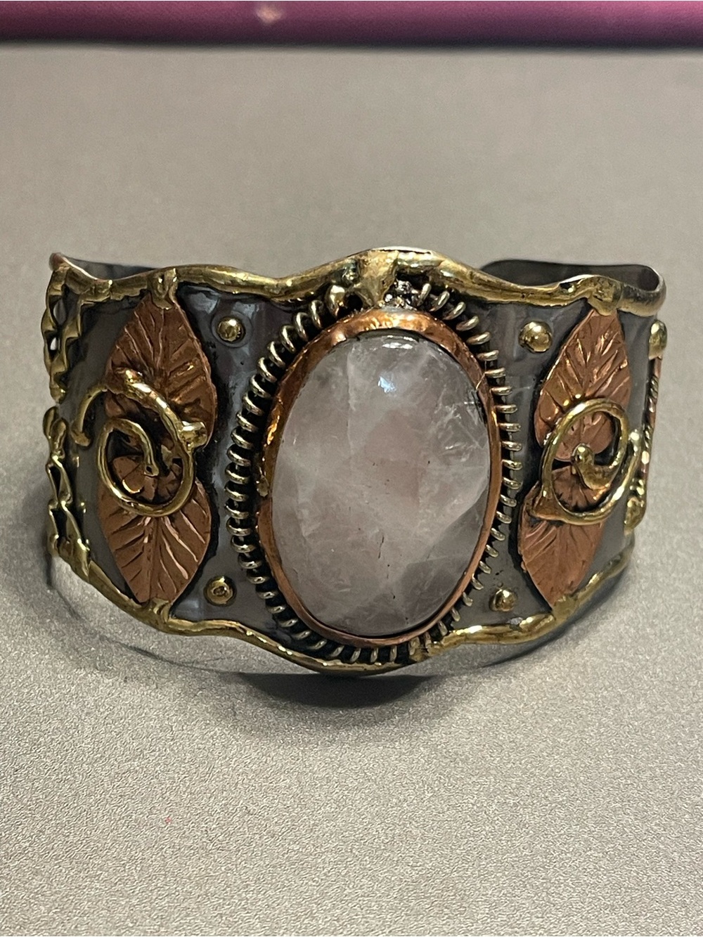 Handcrafted Rose Quartz and Mixed Metal Leaf Cuff Bracelet